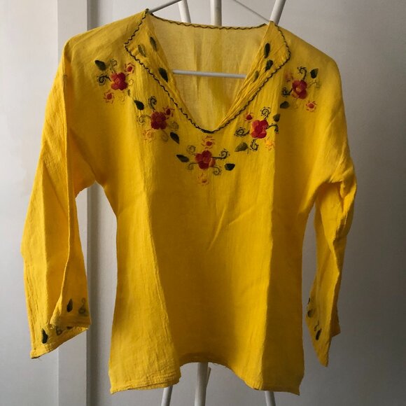 HANDMADE YELLOW BOHO EMBROIDERED MEXICAN TOP LIGHTWEIGHT HANDMADE NWOT - Picture 1 of 7